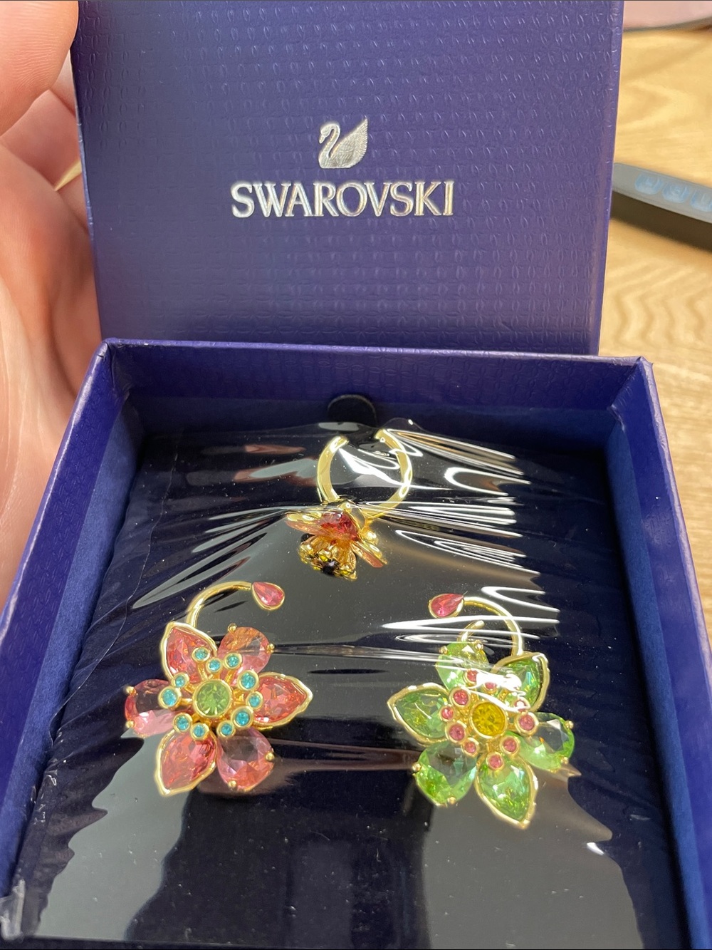 Swarovski Gold-Tone Pink & Green Crystal Flower Earrings and ear cuff Set